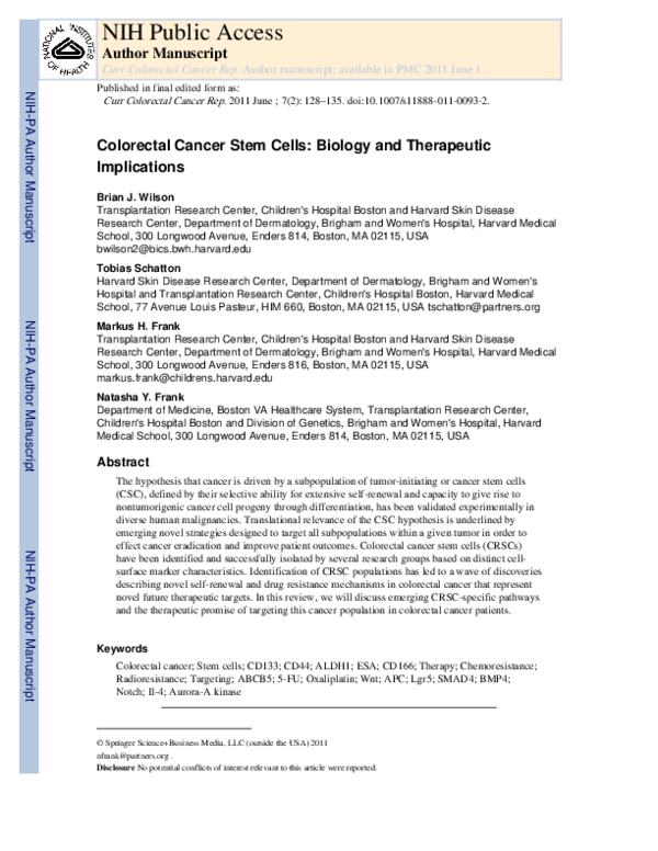 (PDF) Colorectal Cancer Stem Cells: Biology and Therapeutic Implications