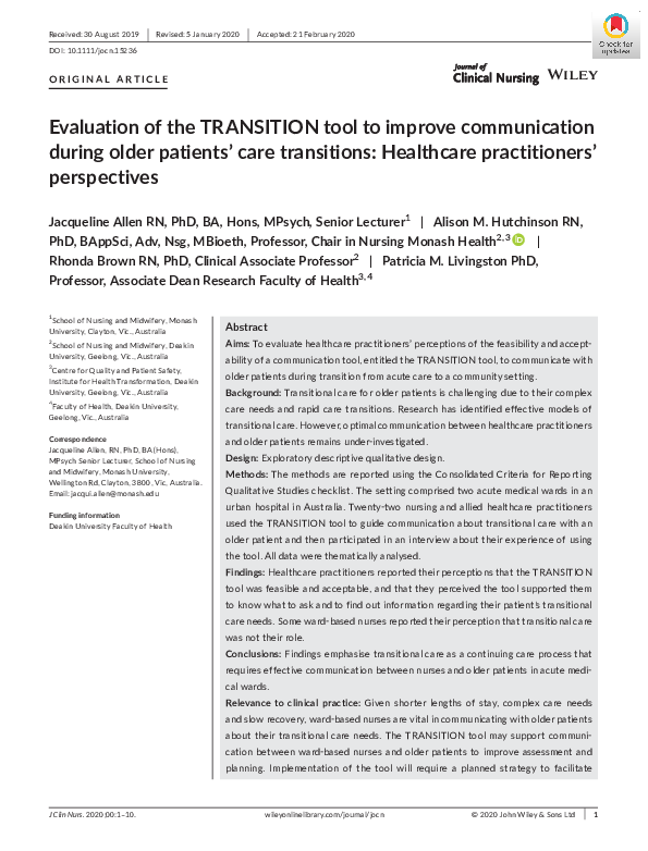 (PDF) Evaluation of the TRANSITION tool to improve communication during ...