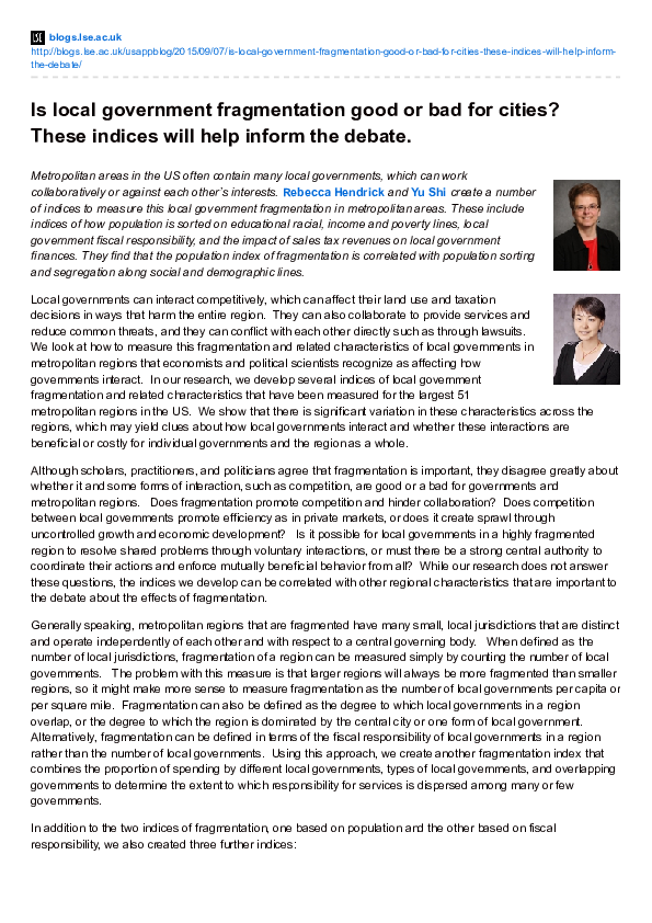 (PDF) Is local government fragmentation good or bad for cities? These ...