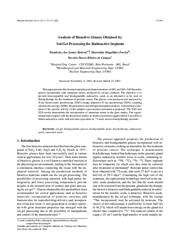 (PDF) Analysis of bioactive glasses obtained by sol-gel processing for ...