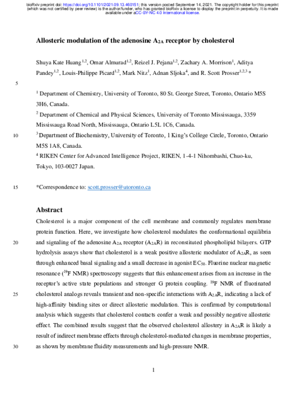 (PDF) Allosteric modulation of the adenosine A2A receptor by cholesterol