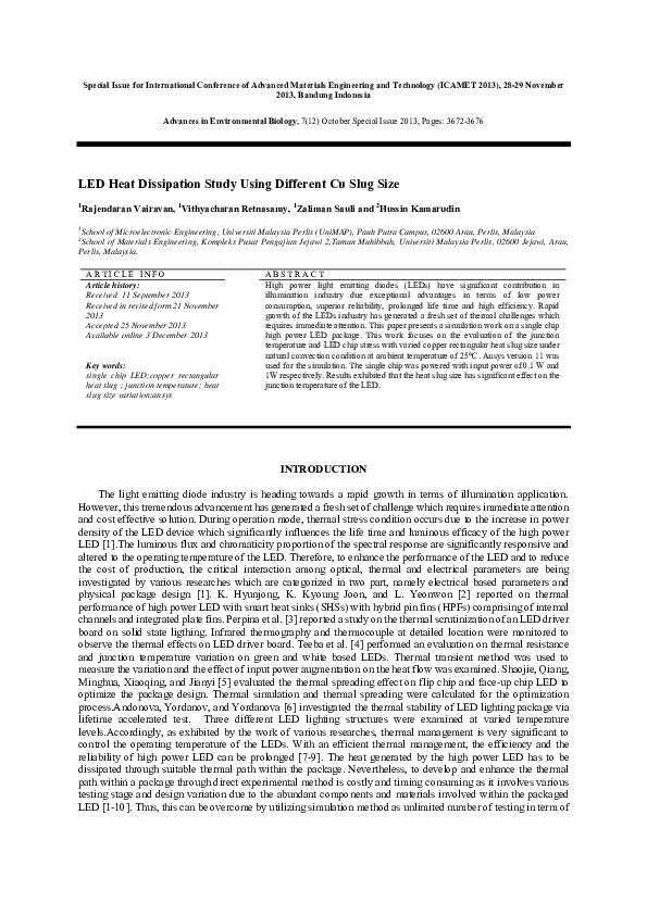(PDF) LED heat dissipation study using different Cu slug size