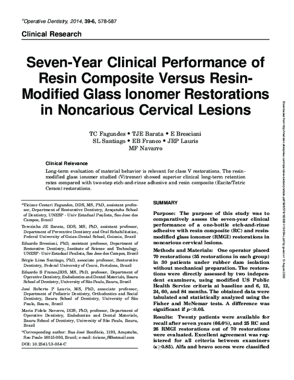 (PDF) SevenYear Clinical Performance of Resin Composite Versus ResinModified Glass Ionomer