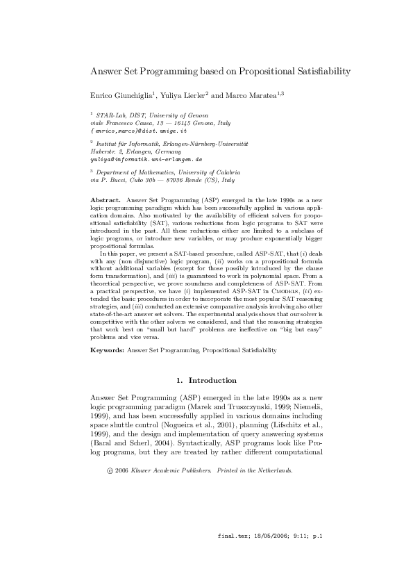 (PDF) Answer Set Programming Based on Propositional Satisfiability