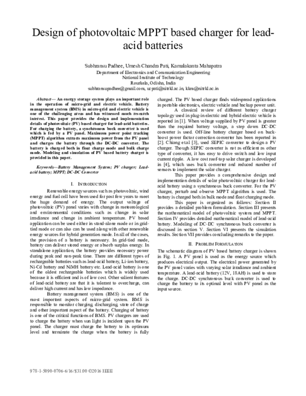 (PDF) Design of photovoltaic MPPT based charger for lead-acid batteries