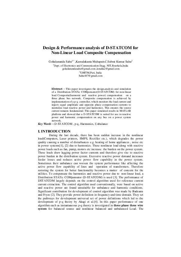(PDF) Design and Performance Analysis of D-STATCOM for Non-linear Load ...