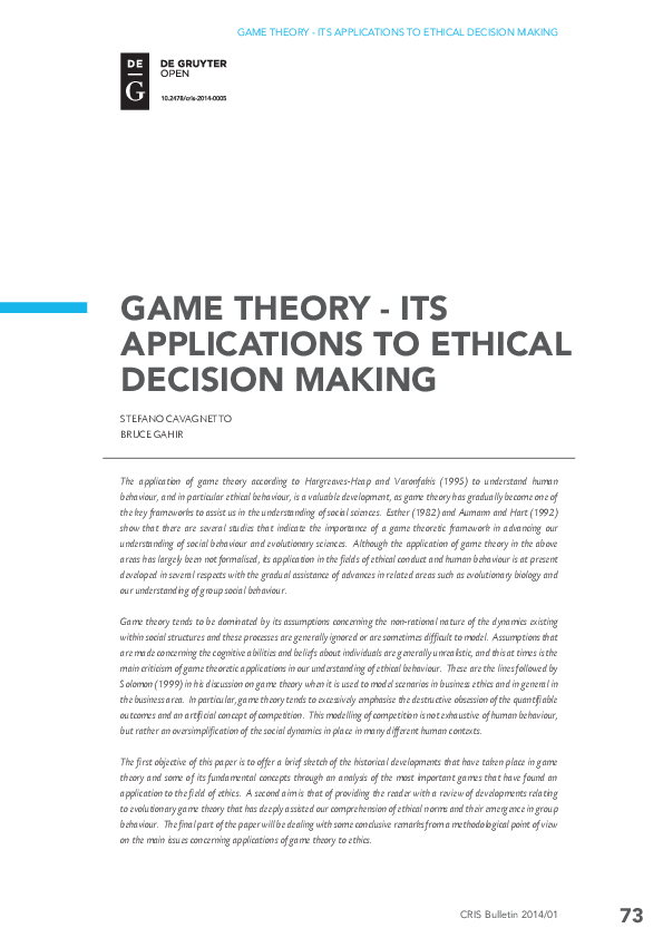 (PDF) Game Theory - Its Applications to Ethical Decision Making