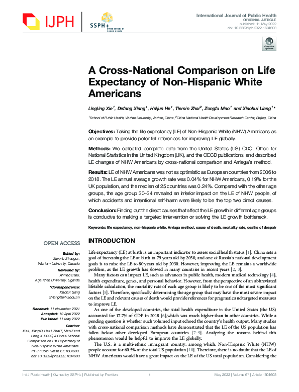 (PDF) A CrossNational Comparison on Life Expectancy of NonHispanic