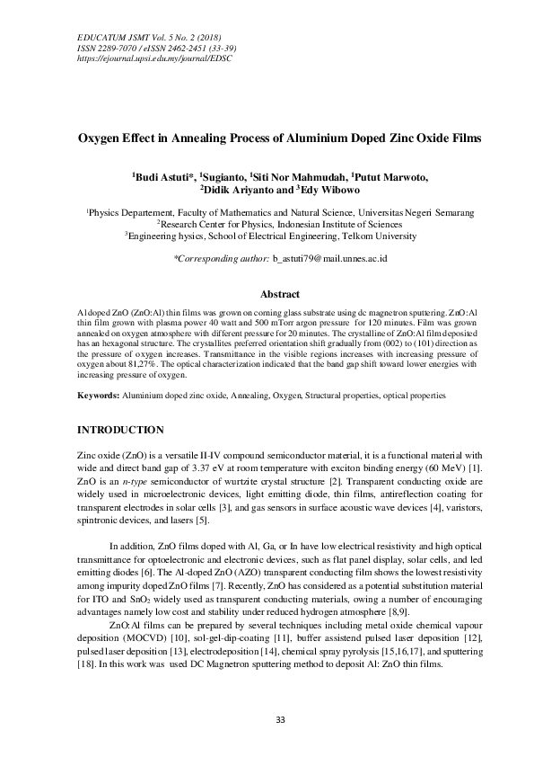 (PDF) Oxygen Effect in Annealing Process of Aluminium Doped Zinc Oxide