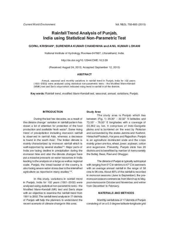 (PDF) Rainfall Trend Analysis of Punjab, India Using Statistical Non ...