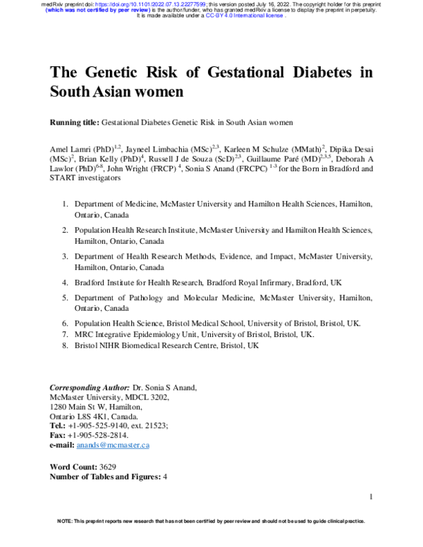 (PDF) The Genetic Risk of Gestational Diabetes in South Asian women
