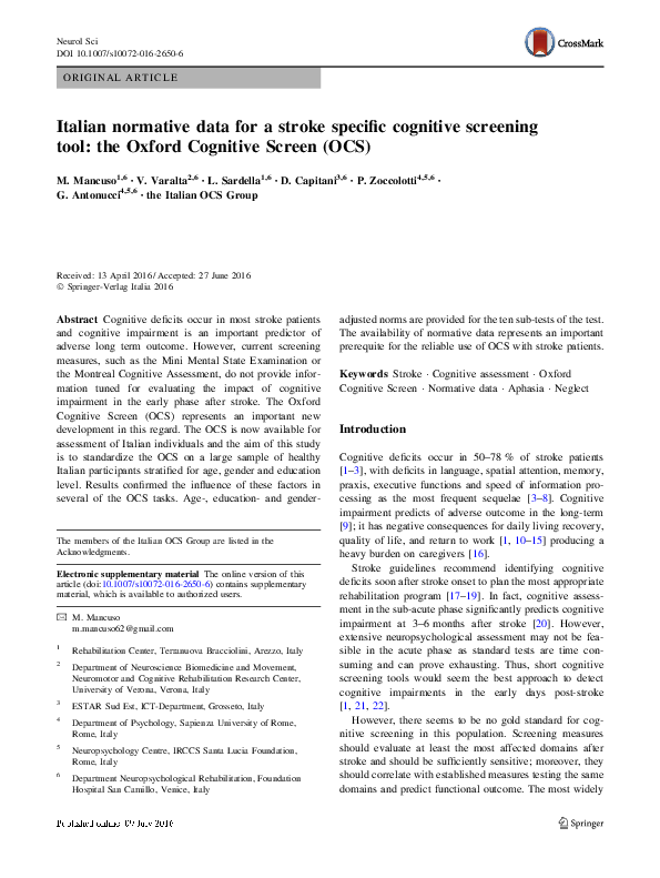 (PDF) Italian normative data for a stroke specific cognitive screening ...