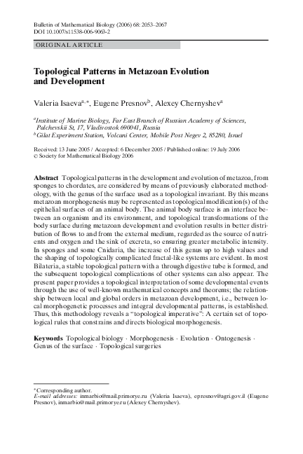 (PDF) Topological Patterns in Metazoan Evolution and Development