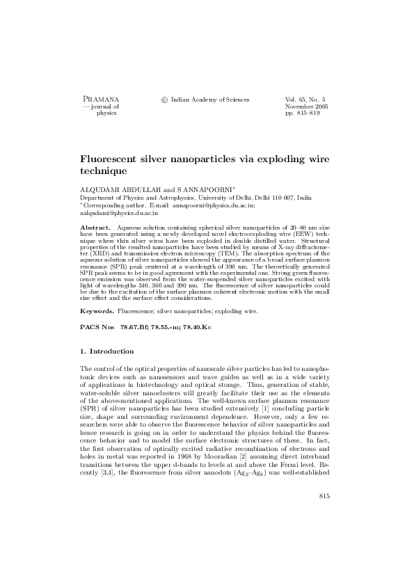 (PDF) Fluorescent silver nanoparticles via exploding wire technique