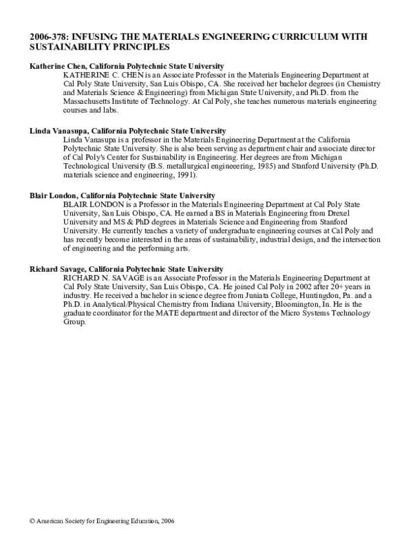 (PDF) Infusing The Materials Engineering Curriculum With Sustainability Principles Kathy Chen
