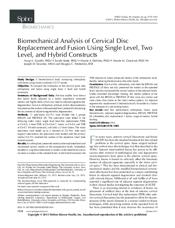 (PDF) Biomechanical Analysis of Cervical Disc Replacement and Fusion ...