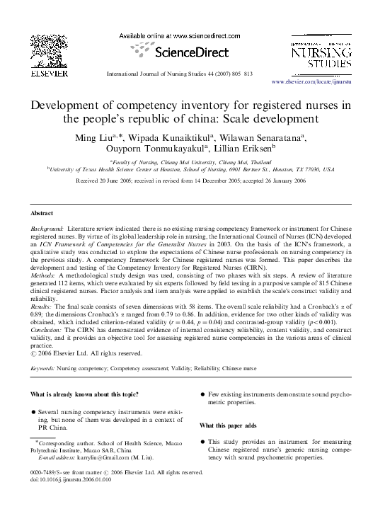 (PDF) Development of competency inventory for registered nurses in the ...