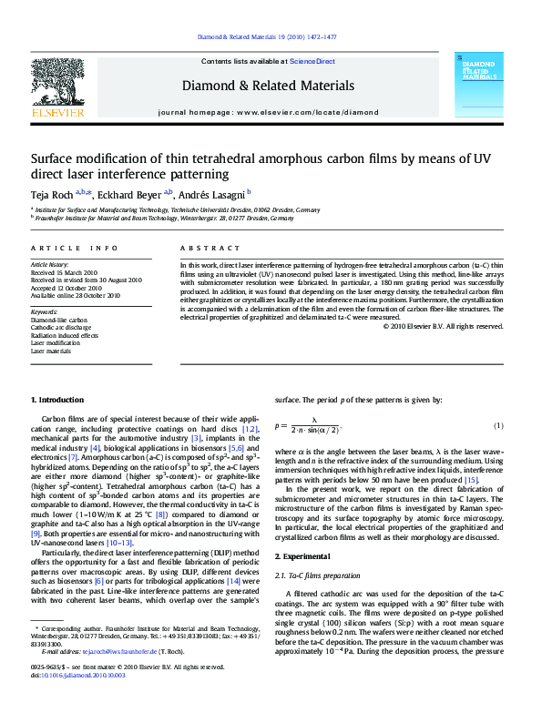 (PDF) Surface modification of thin tetrahedral amorphous carbon films ...