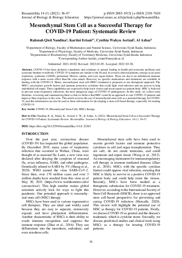 (PDF) Mesenchymal Stem Cell as a Successful Therapy for COVID-19 ...
