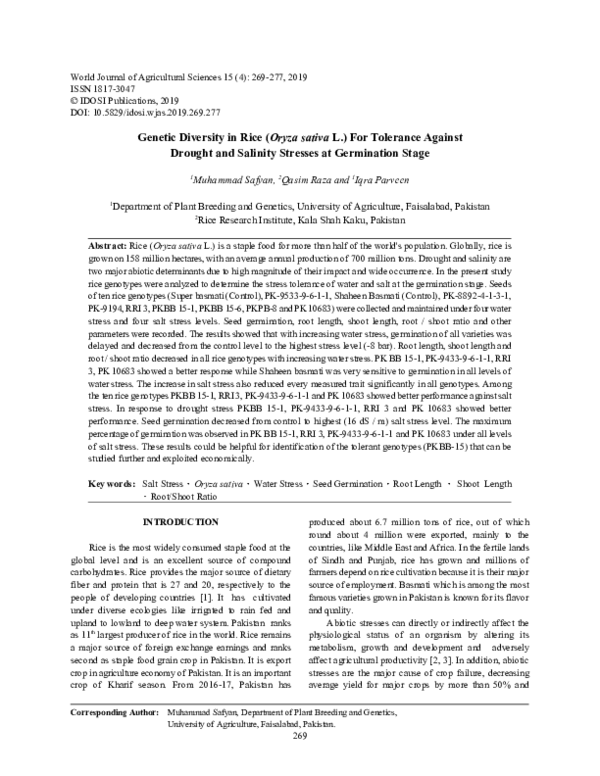 (PDF) Genetic Diversity in Rice (Oryza sativa L.) For Tolerance Against ...