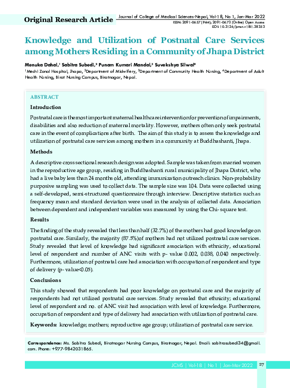 (PDF) Knowledge and Utilization of Postnatal Care Services among ...