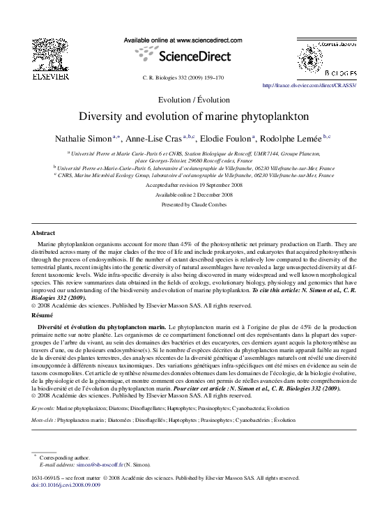 (PDF) Diversity and evolution of marine phytoplankton