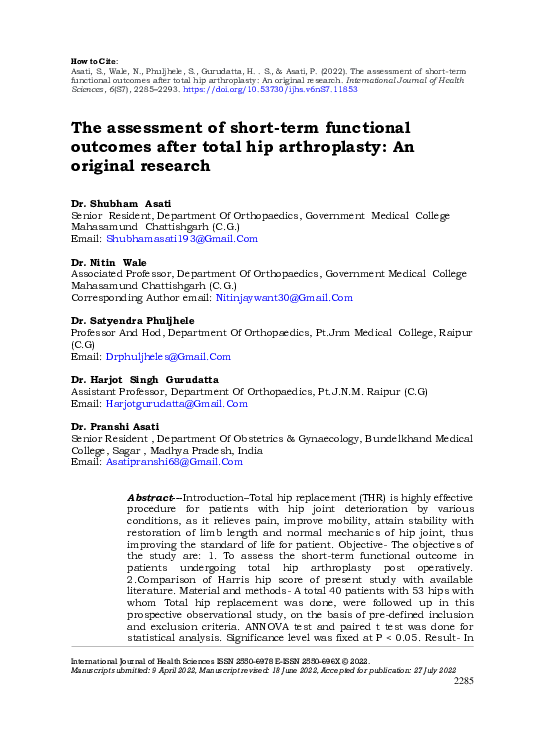 (PDF) The assessment of short-term functional outcomes after total hip ...