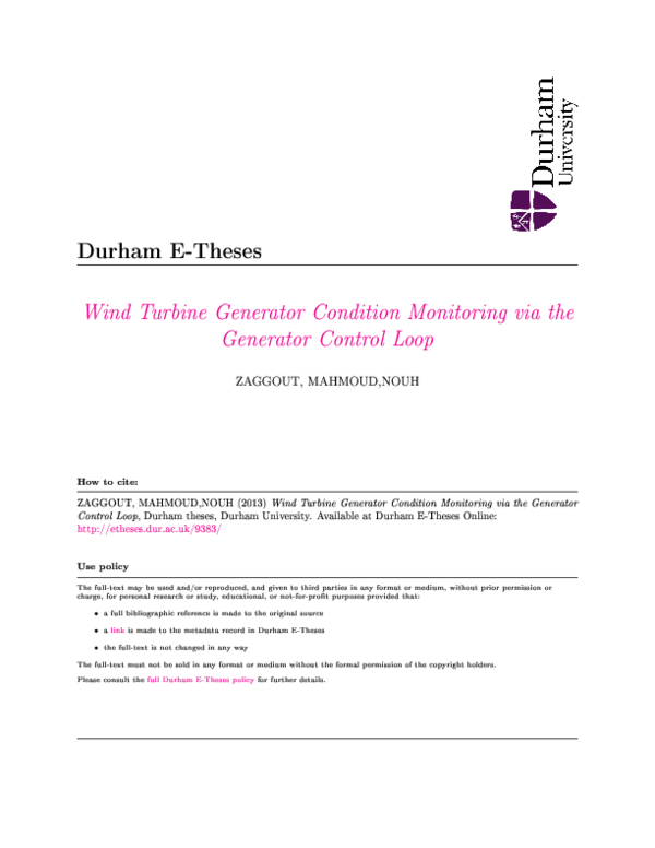 (PDF) Wind turbine generator condition monitoring via the generator ...