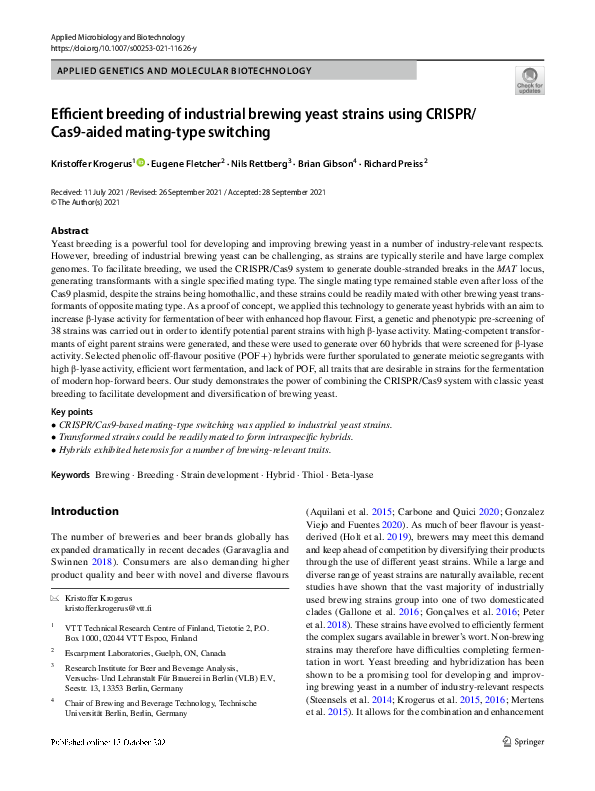 (PDF) Efficient breeding of industrial brewing yeast strains using CRISPR/Cas9aided matingtype