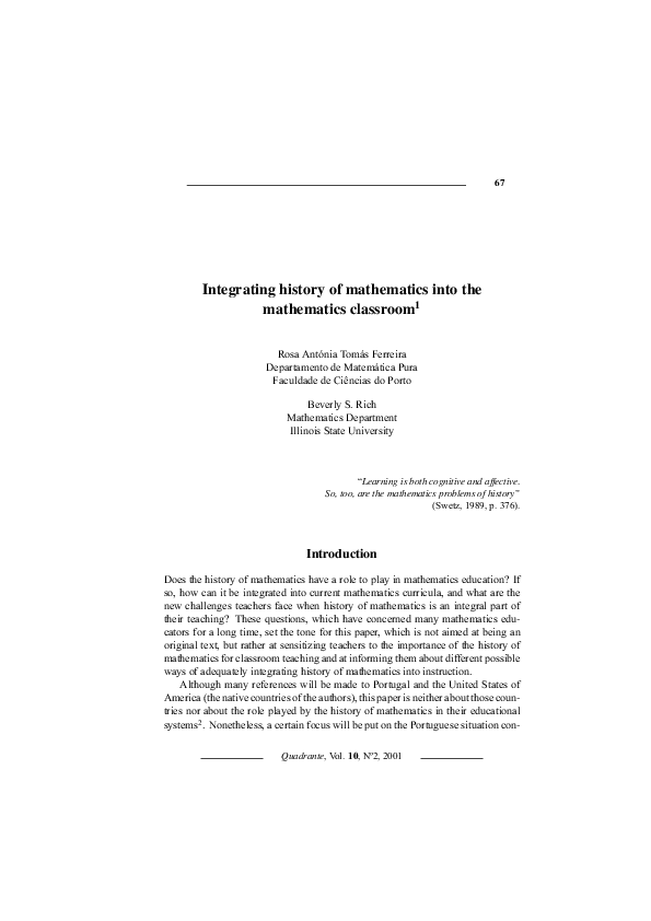 (PDF) Integrating history of mathematics into the mathematics classroom