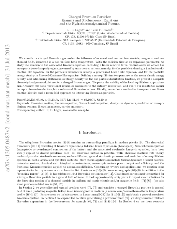 (PDF) Charged Brownian particles: Kramers and Smoluchowski equations ...