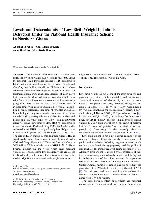 (PDF) Levels and Determinants of Low Birth Weight in Infants Delivered ...