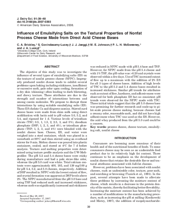 (PDF) Influence of emulsifying salts on the textural properties of nonfat process cheese made