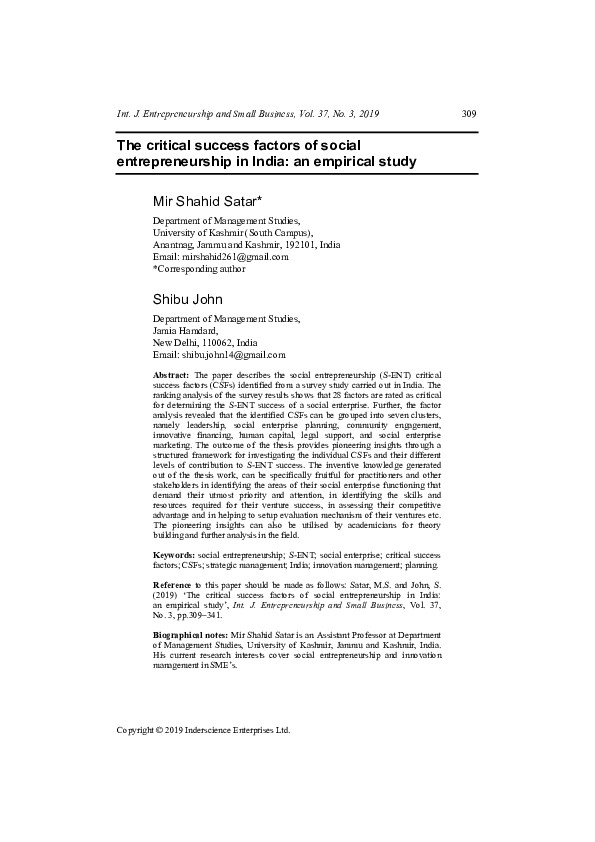 (PDF) The critical success factors of social entrepreneurship in India ...