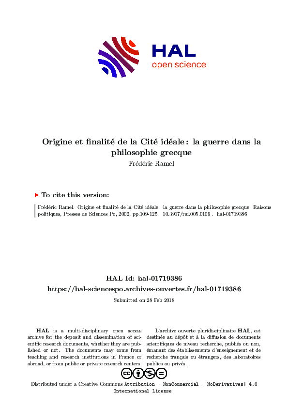 (PDF) Origine et finalité de la Cité idéale : la guerre dans la ...