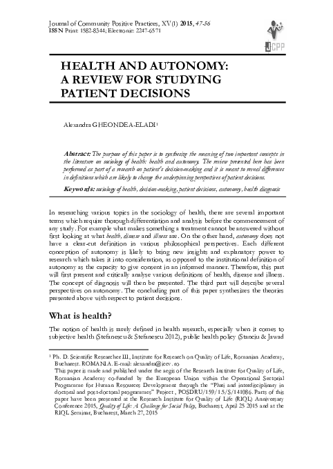 (PDF) Health And Autonomy: A Review For Studying Patient Decisions