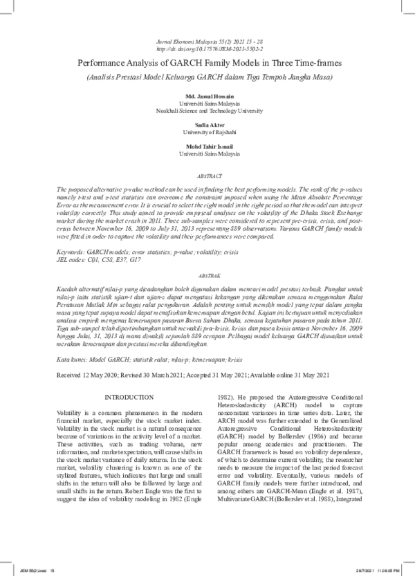 (PDF) Performance Analysis of GARCH Family Models in Three Time-frames