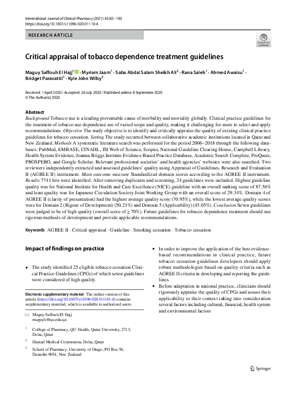 the tobacco dependence treatment handbook PDF) Critical appraisal of tobacco dependence treatment guidelines