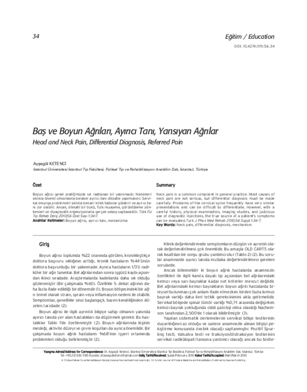 (PDF) Head and Neck Pain, Differential Diagnosis, Referred Pain