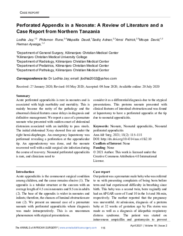 (PDF) Perforated Appendix in a Neonate: A Review of Literature and a ...