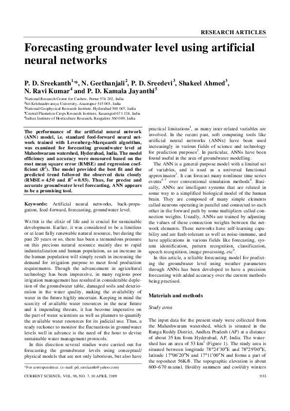 (PDF) Forecasting groundwater level using artificial neural networks