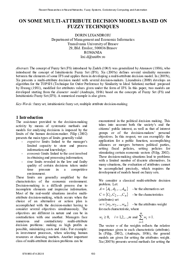 (PDF) On some multi-attribute decision models based on fuzzy techniques