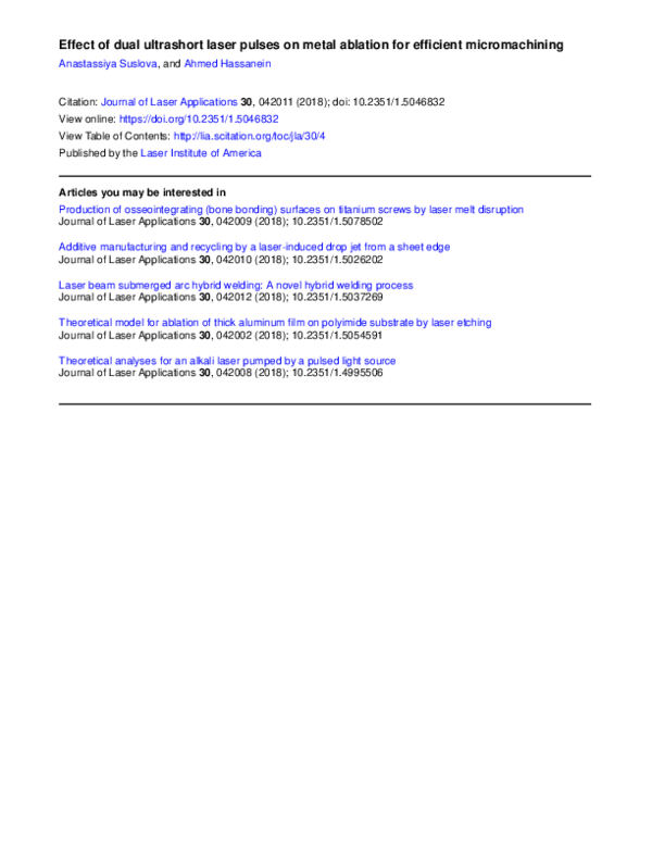 (PDF) Effect of dual ultrashort laser pulses on metal ablation for ...
