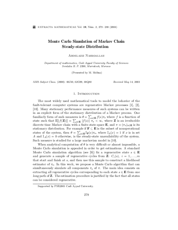 (PDF) Monte Carlo Simulation of Markov Chain Steady-state Distribution