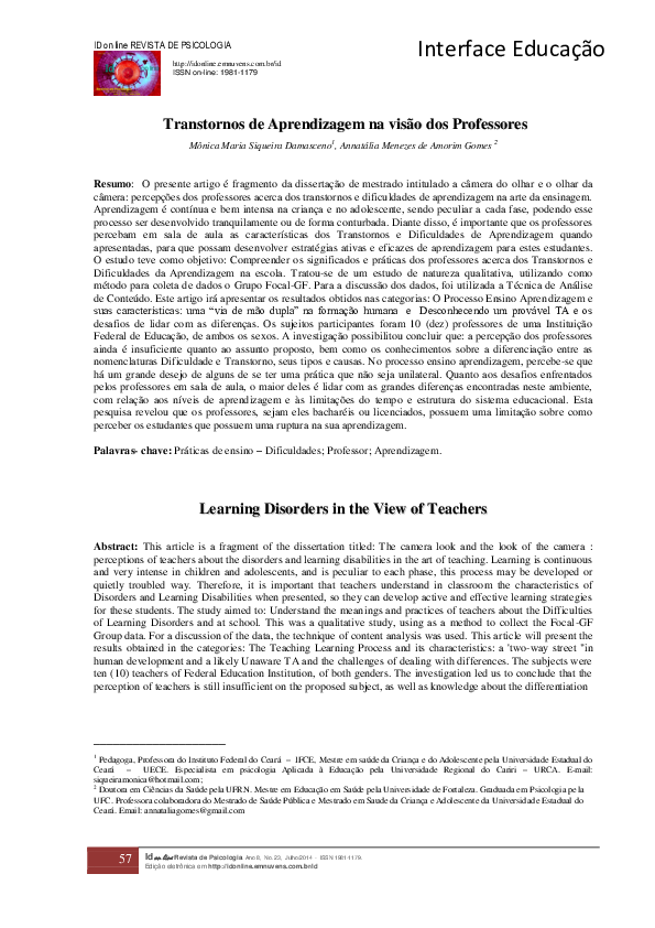 (PDF) Transtornos de Aprendizagem na visão dos Professores