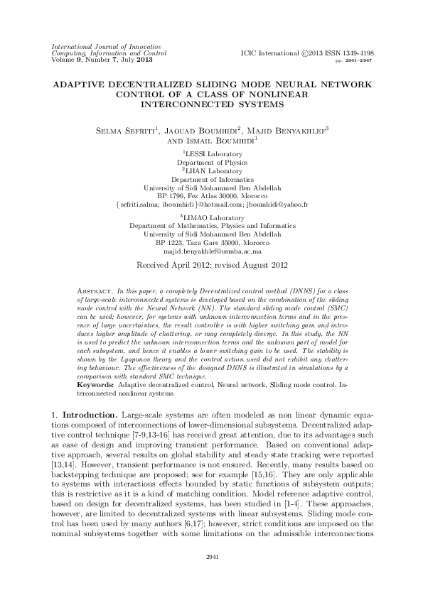 (PDF) Adaptive Decentralized Sliding Mode Neural Network Control of a ...