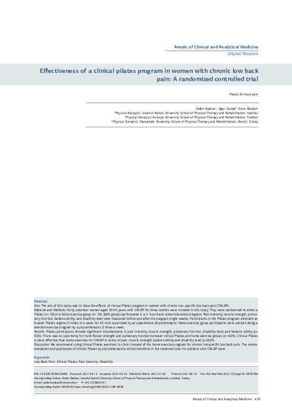 (PDF) Effectiveness of a clinical pilates program in women with chronic ...