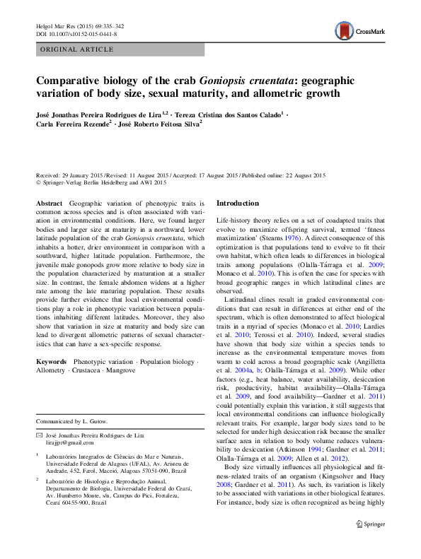 (PDF) Comparative biology of the crab Goniopsis cruentata: geographic ...