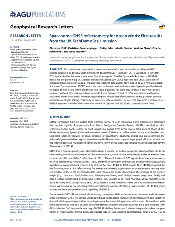 (PDF) Spaceborne GNSS reflectometry for ocean winds: First results from ...