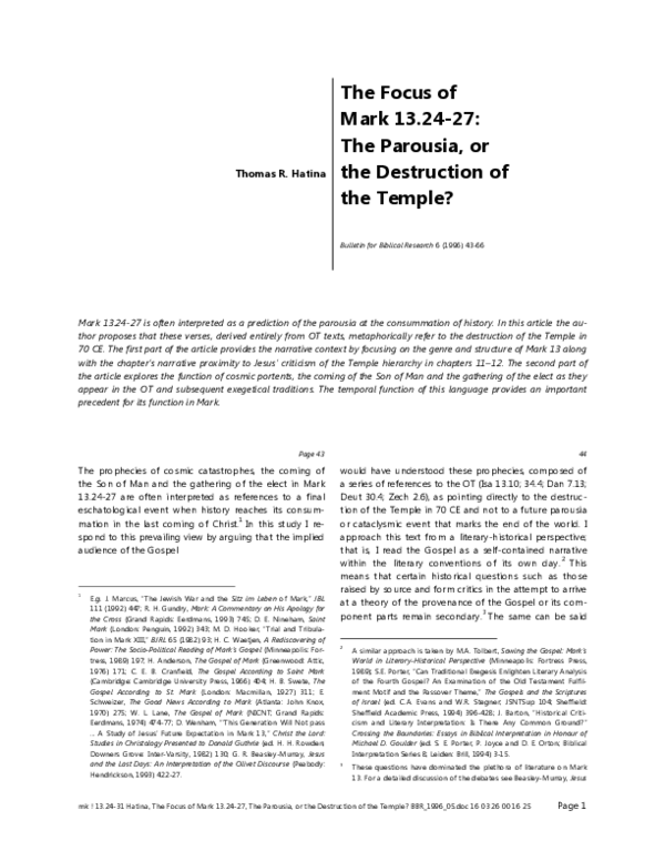 (PDF) The Focus of Mark 13:24–27: The Parousia, or the Destruction of ...